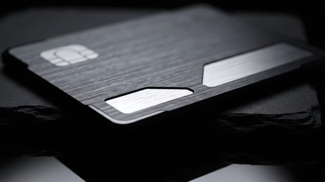 Black metal payment card with brushed texture on dark slate stone for financial transactions