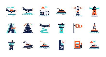 Fototapeta premium Set of flat icon designs showcasing maritime, nautical, and airport travel, logistics, and transport, using minimal design elements for clarity.