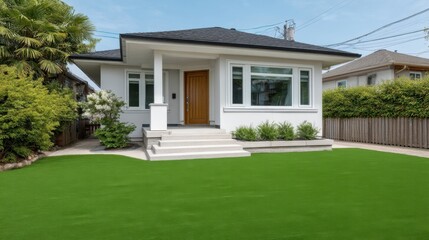 Modern single-story house with a green lawn, bright windows, wooden door, and landscaped garden under a clear blue sky in a suburban neighborhood