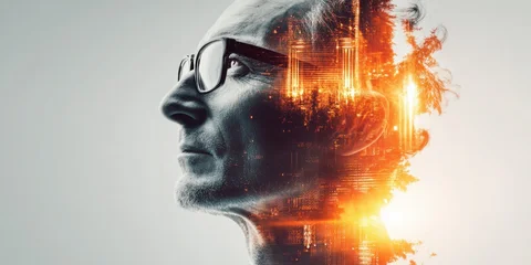 Double exposure of a man wearing glasses with a cityscape and fire overlay © NovaVision