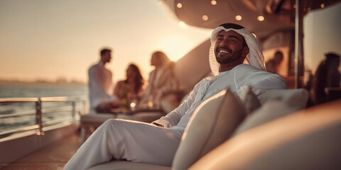 Fototapeta premium Smiling Arab man in traditional clothing enjoying a luxury yacht cruise at sunset