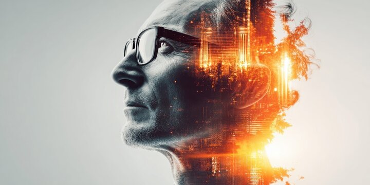 Double exposure of a man wearing glasses with a cityscape and fire overlay