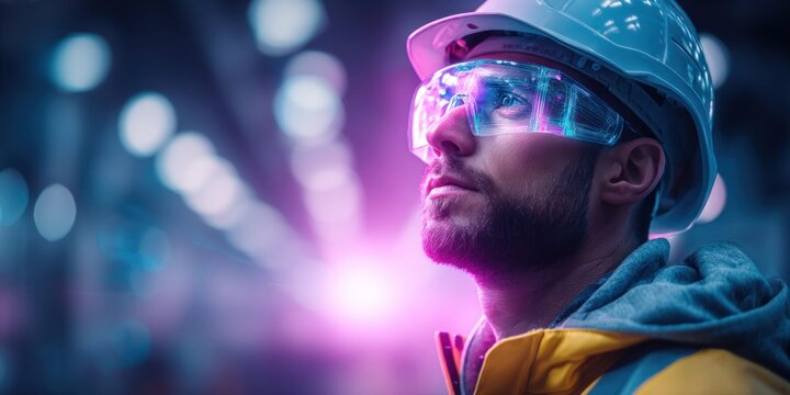 Man wearing futuristic augmented reality glasses and hard hat in a neon-lit industrial setting