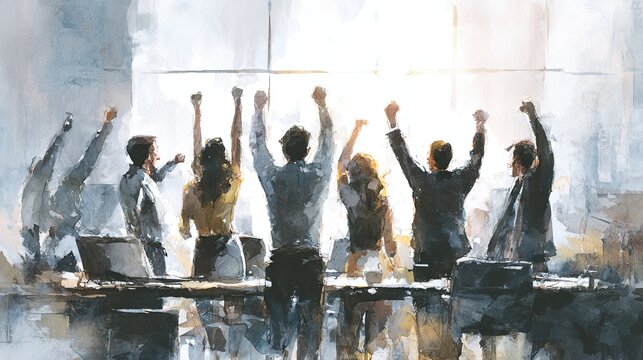 A group of business professionals celebrating a success in a modern office, raising their fists in triumph and joy.