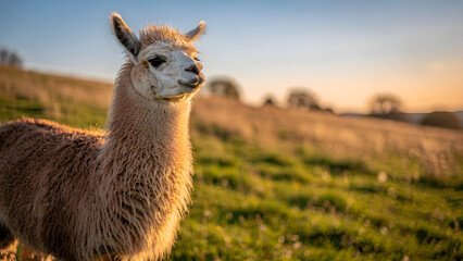 Fototapeta premium Alpaca Portrait in Meadow Golden Hour