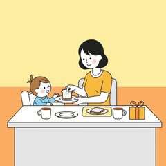 A mother serving cake to her happy child at a table with gifts