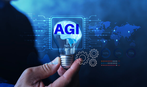 AGI Artificial General Intelligence Concept with Light Bulb Brain and Digital Network