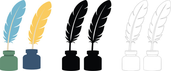 Collection of minimalist quill pen and inkwell icons in flat color silhouette and line art styles for vintage writing literature and education design © MstMerezan