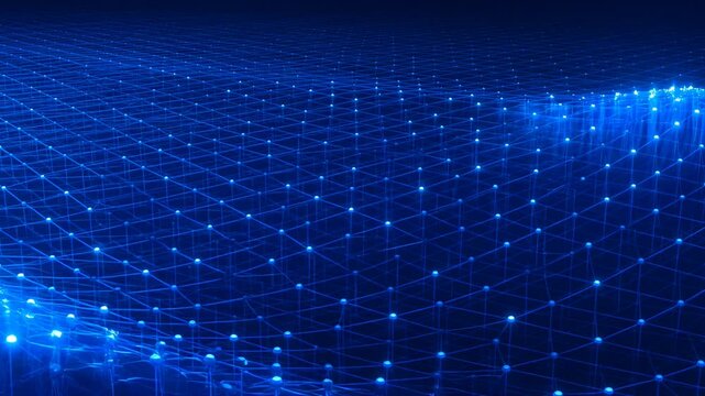 Digital Network Abstract: A modern and futuristic representation of a vast, interconnected digital network, with glowing nodes and lines forming an intricate web across a deep blue canvas.