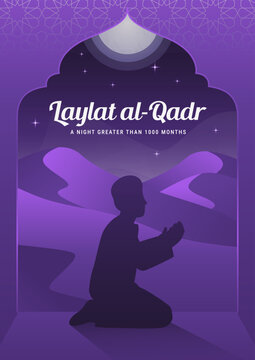 A light purple laylatul qadr background with islamic ornaments praying silhouettes and a full moon
