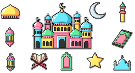 Colorful cartoon Islamic symbols including a mosque, crescent moon, lanterns, prayer mat, and Quran on a white background.