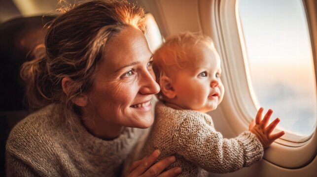 A mother smiles with her baby as they look out of the airplane window together.