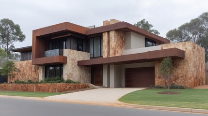 Fototapeta premium Modern luxury residence with unique architectural design featuring stone facade, expansive windows, and contemporary landscaping in a tranquil setting