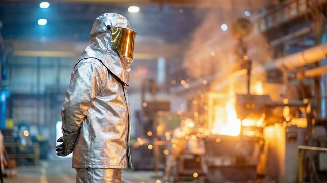 A worker in a silver aluminized protective suit and face shield stands in a foundry with molten metal and sparks.