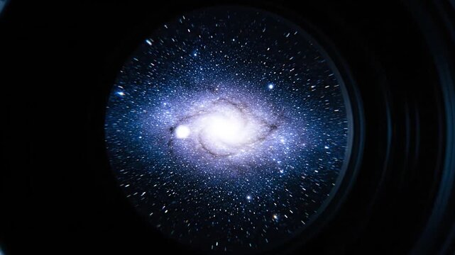Aerial View of Galaxy through Camera Lens with Stars and Cosmic Dust