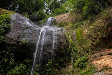 Water from a stream falls over rocks to form a small waterfall in the interior of an Atlantic Forest in Brazil