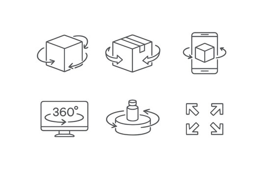 3D product viewer outline icon set. Monochrome editable stroke vector collection isolated on transparent background for ecommerce, UI and interactive product display.