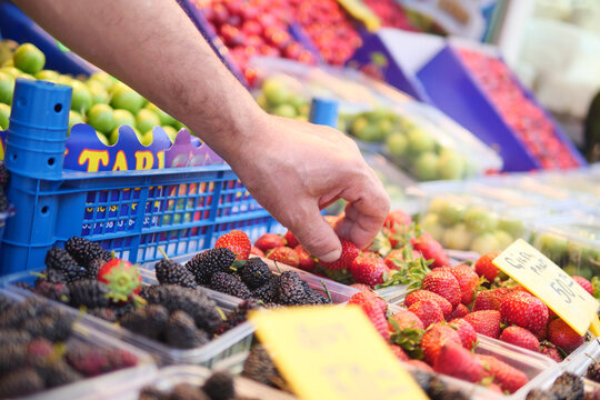 Person picks strawberries at an outdoor market