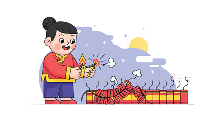 Little Girl Lighting Firecrackers to Celebrate Lunar New Year Festival