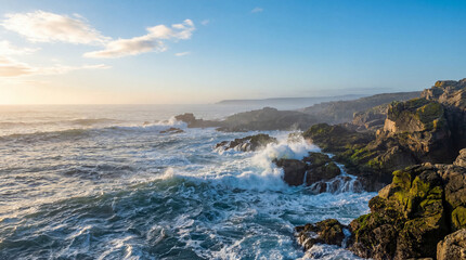 Obraz premium a serene landscape of turbulent sea waves crashing against rugged rocks