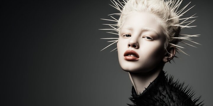 Avant-garde albino model with striking spiky hairstyle and dark studded clothing
