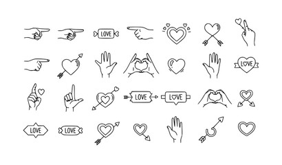 Fototapeta premium Valentine Day Hand Drawn Doodle Set with Hearts Hands and Romantic Clipart Elements