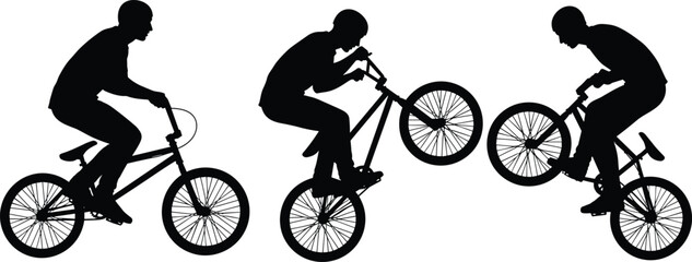 BMX stunt silhouette sequence, rider performing wheelie and jump, extreme sports action, cycling trick illustration, dynamic motion, freestyle biking, adrenaline, outdoor adventure © Azizul360