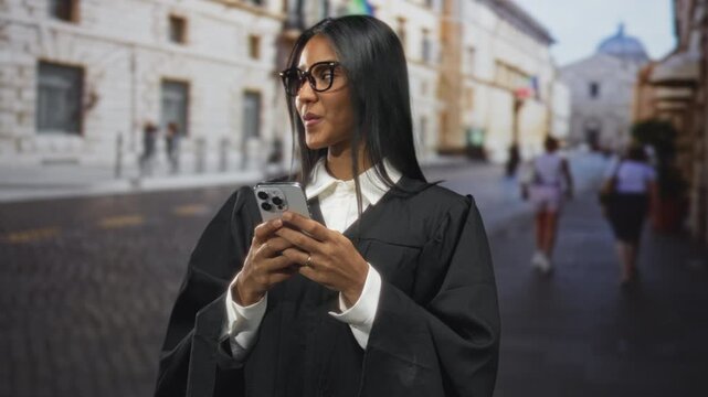 Woman judge in black robe scrolls and types on smartphone, smiling, on a cobbled street; achievement pride.