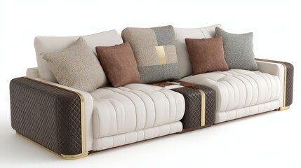 Fototapeta premium Luxury cream and brown leather modular sofa with wood and gold accents