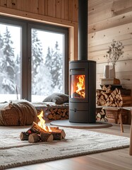 Cozy wood cabin interior with a fireplace and snowy forest view