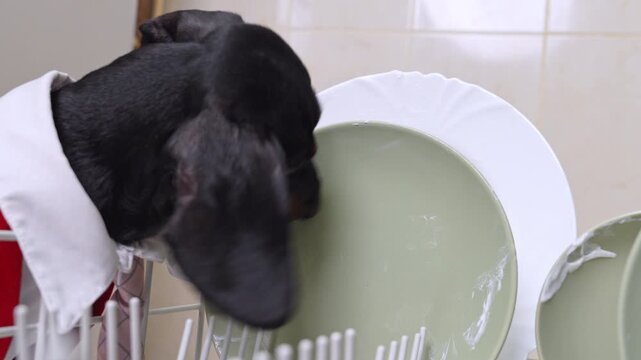 Dachshund dog licking clean white plate inside dishwasher rack, nose near dish, humorous domestic pet behavior in kitchen, close side view during household cleanup after meal