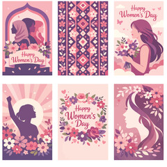 Collection of six artistic illustrations celebrating International Women's Day with diverse women and floral motifs. © Airwj
