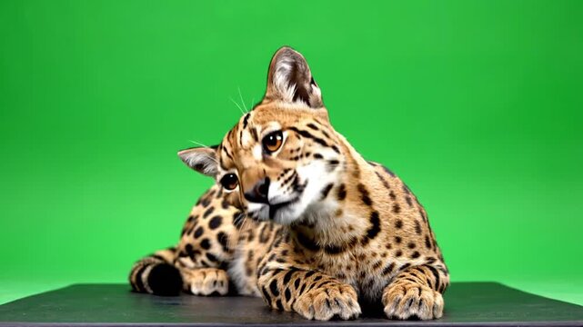 An ocelot, a beautiful wild cat with spotted fur, lies on a dark surface against a vibrant green screen background, looking curiously.