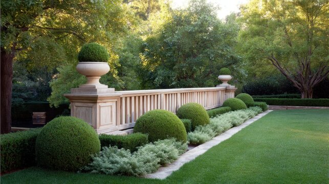 Elegant Landscape Design Featuring Lush Greenery, Well-Maintained Hedges, and Ornate Stone Wall with Decorative Foliage in Bright Daylight