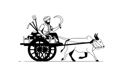 Fototapeta premium Indian farmer illustration riding bullock cart rural agriculture vector isolated on white background