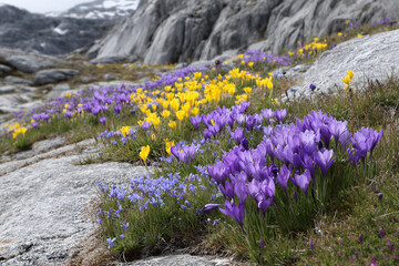 Obraz premium Colorful mountain slope with vibrant purple and yellow crocus flowers in bloom