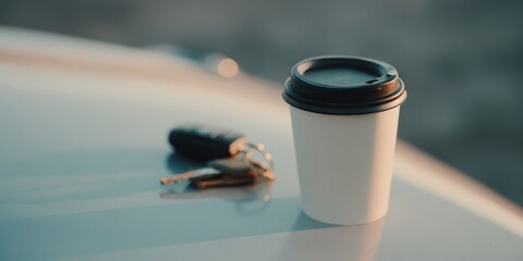 Cup of coffee sits on a car hood