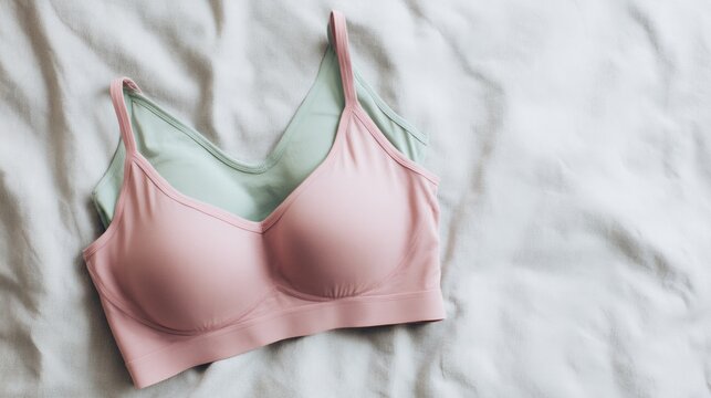 Two bras are laying on a bed