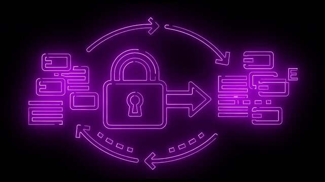 Neon purple line art illustration of a padlock surrounded by data flow and transfer icons on a black background with a futuristic and technological mood.