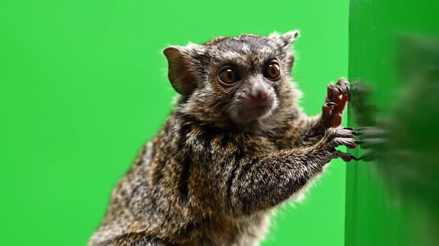 A small, furry primate with large eyes looks directly at the viewer, its hands resting on a green surface against a vibrant green background.