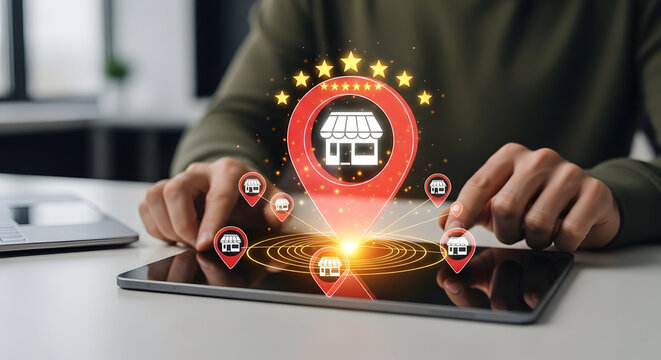 Person using tablet displaying glowing interconnected store location pins and five stars, symbolizing franchise expansion and local network success.