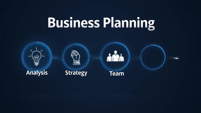 Business Planning Visual: A modern business planning graphic, with steps towards a goal including analysis, strategy, and team.