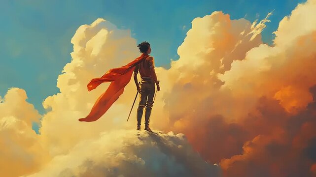 Courageous figure with a red cape standing on a cloud, looking at the sky.
