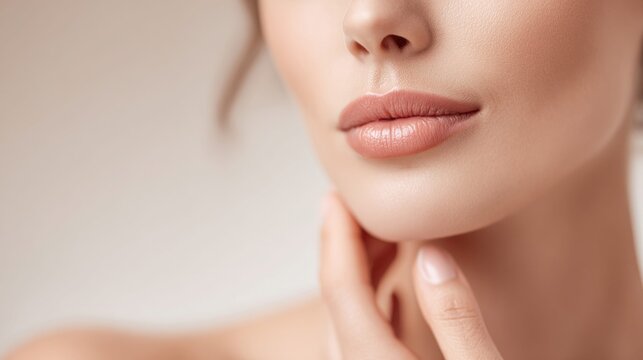 Close-up of a woman's perfectly shaped lips with subtle nude lipstick and a gentle touch