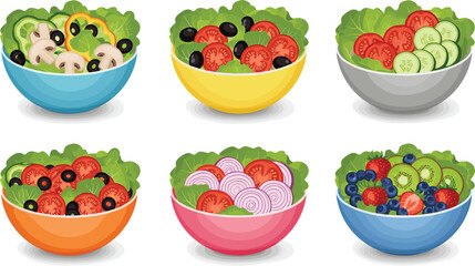 Fresh healthy salad bowls vector set with vegetable and fruit ingredients including tomatoes olives cucumbers onions mushrooms and berries for vegan diet menu. © Hosneara