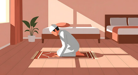muslim man praying in sunlit bedroom kneeling on a prayer mat embodying spiritual devotion in tranquil golden hour light at home.