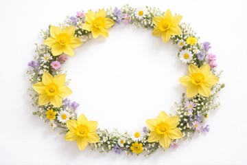 Fototapeta premium Vibrant spring floral wreath with yellow daffodils and white daisies arranged in cheerful circular design, perfect for easter and mothers day greeting cards, isolated on white background.