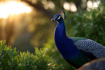 Obraz premium Majestic peacock in lush greenery at sunrise