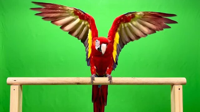 Red macaw parrot with wings spread wide on a wooden perch against a green screen background.