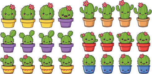 Cute kawaii cactus character set with smiling faces and pink flowers in colorful pots, adorable succulent stickers for kids, vector emoji collection, 25 words. © MdGohurul